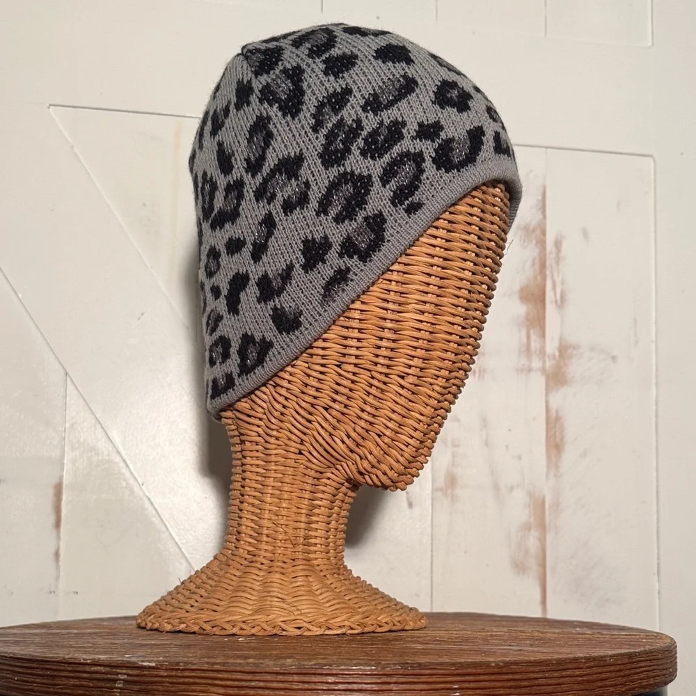 Gray Leopard Print Knit Beanie with Lurex Metallic Threads